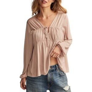 Lucky Brand Tie Front Shirred Top Blouse NWT M Rose Dust